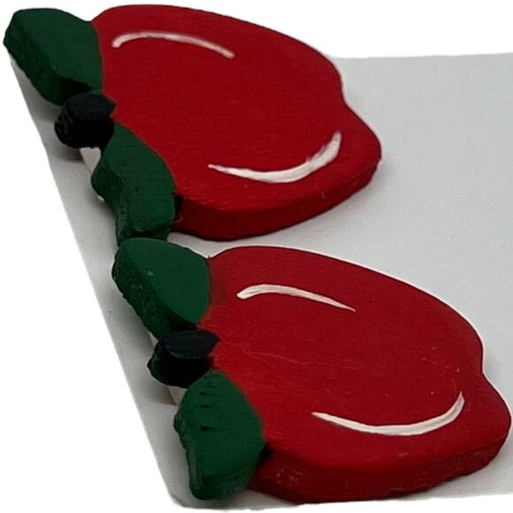 Hand Painted Wooden Red Apple Earrings Teacher Gift Vintage Style Post Earrings - Picture 7 of 8